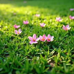 Obraz premium Soft pink blossoms scattered on a lush green lawn, foliage, blooming, grass