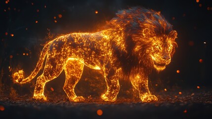 Naklejka premium A full body shot of an ethereal lion composed entirely of flowing fire, each part of its body formed by flickering flames that dance and swirl as it walks slowly toward the camera
