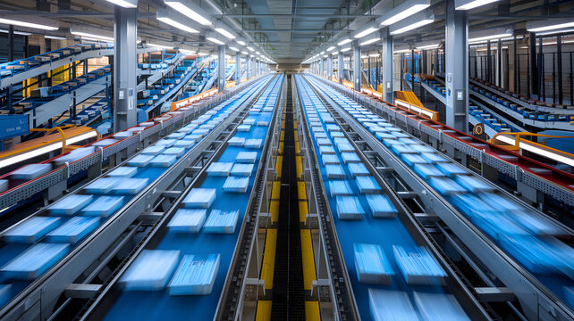 Mail sorting facility with automated machinery efficiently processing and organizing large volumes of mail, showcasing the importance of technology in modern logistics and postal services.