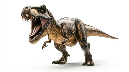 A realistic dinosaur model, showcasing a roaring Tyrannosaurus rex in a dynamic pose.