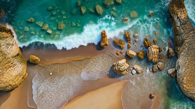 An aerial videograph capturing the rocky shoreline and clear blue water of a beach, Helicopter view of a peaceful morning at a rocky beach