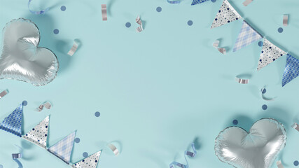 Blue party scene with heart balloons and banners, 3D render