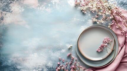Spring table setting, pastel plates, flowers, blue background,  restaurant menu.
