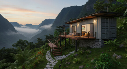 Mountaintop Container Home with Deck Sunrise View Tropical Landscape