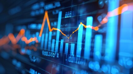 Digital data visualization display showing detailed financial market charts and analytical reports on a high tech technology dashboard interface