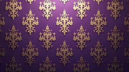 Ornamental Purple Wallpaper with Golden Damask Pattern
