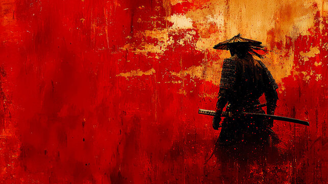 Crimson Samurai: A Grunge Digital Painting of a lone warrior, katana at his side, set against a dramatic red background. A powerful image evoking ancient Japanese culture and the spirit of Bushido.