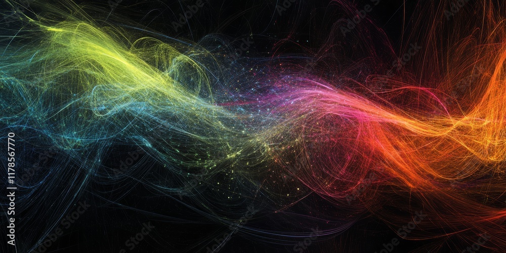 Poster this abstract image features colorful flowing network connections with vibrant light trails, represe