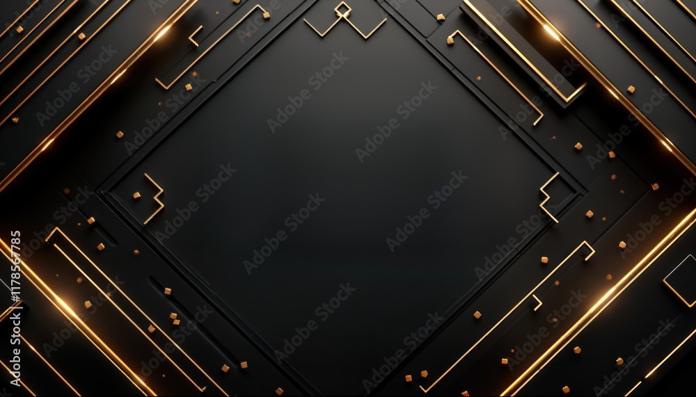 Aufkleber Abstract black background with golden lines, geometric shapes. Modern design with copy space in center. Stylish frame suitable for various uses. Ideal for luxury branding invitation design. Black