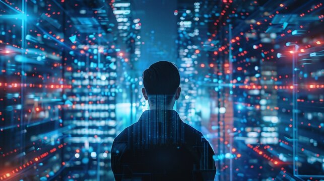 Futuristic digital cyberspace with flowing data and bright neon lights in the city  Abstract technology and communication network concept with matrix of code pixels and circuits