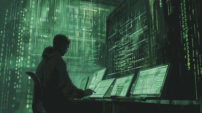 Futuristic Hacker Coding in Cyber Virtual Matrix Environment with Digital Data Visualization and Analytics on Computer Display Screen