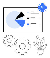 Pie chart with financial data and analysis, gears indicating process efficiency, and a potted plant symbolizing growth and sustainability. Ideal for business reports, finance, productivity, workplace