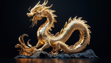 Majestic Golden Dragon Statue with Intricate Detailing Set Against a Dark Background for Fantasy and Mythology Themes