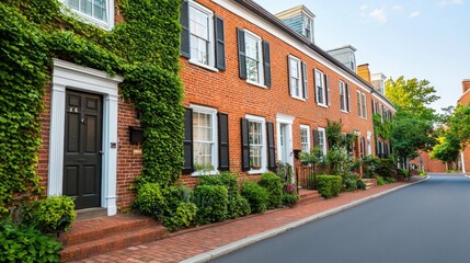 Mindfulness and meditation method, A charming row of brick houses adorned with greenery, showcasing classic architecture and a peaceful street lined with plants.
