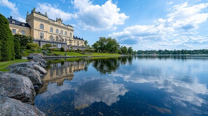 Fototapeta premium Majestic view of drottningholm palace reflection sweden landscape photography serene water wide angle historical beauty
