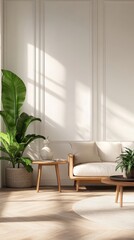 Fototapeta premium A bright, minimalist living room with natural light, featuring indoor plants, wooden furniture, and soft textures for a cozy, elegant ambiance.