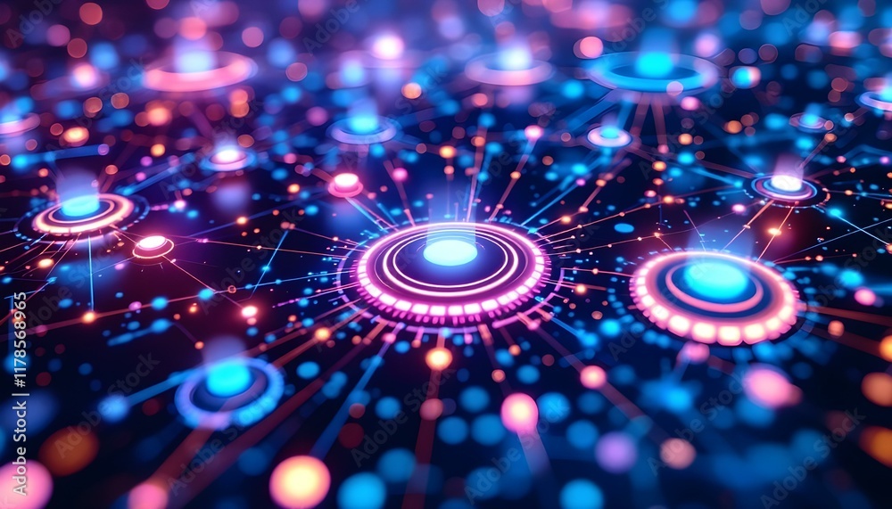 Poster Abstract technology futuristic concept circle dot blue digital on hi tech future blue background network. Abstract technology background with circles. Big data, blockchain technology innovation