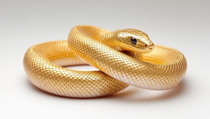 Fototapeta premium Realistic Depiction of a Glossy Golden Snake Coiling Elegantly on a Light Background, Symbolizing Beauty, Mystery, and Natural Elegance