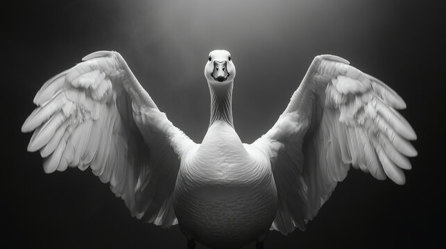 Black and White of a goose with its wings open