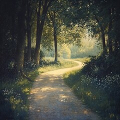 Sunlit forest path surrounded by lush greenery and wildflowers, creating a serene and inviting natural scene.