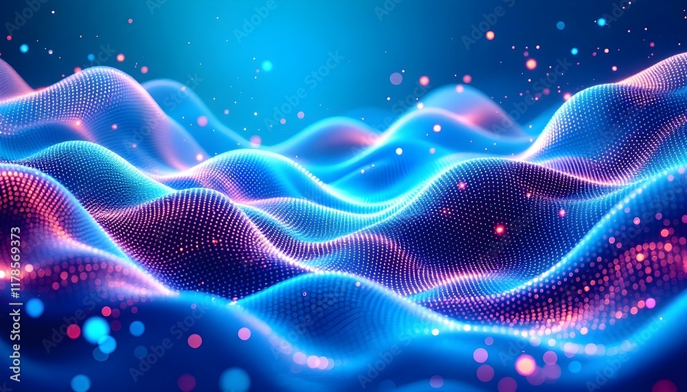 Poster Abstract technology particles mesh background. Abstract particles dot the background banner. Blue purple wave line light gradient dark background. Purple background with many glowing particles.