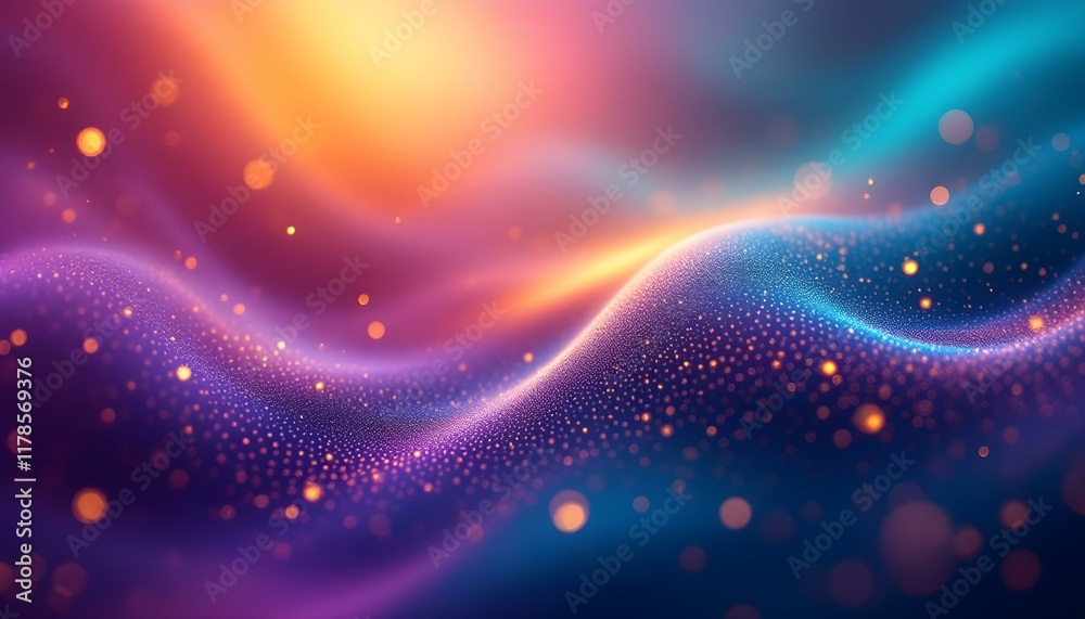 Poster Abstract technology particles mesh background. Abstract particles dot the background banner. Blue purple wave line light gradient dark background. Purple background with many glowing particles.