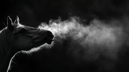 Black and White of a horse's breath visible in the cold air