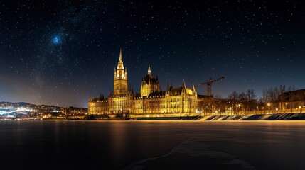 Obraz premium Nighttime view of the illuminated parliament building budapest night scene cityscape serene atmosphere photography