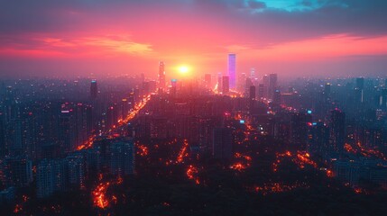 Fototapeta premium A vibrant city skyline at sunset, showcasing urban life and architecture in stunning colors.