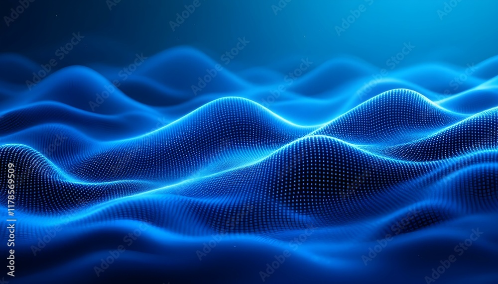 Poster Abstract technology particles mesh background. Abstract particles dot the background banner. Blue purple wave line light gradient dark background. Purple background with many glowing particles.