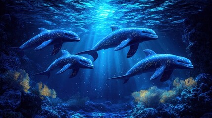 Fototapeta premium A tranquil underwater cavern illuminated by glowing coral and bioluminescent kelp. Radiant sea dragons glide gracefully through the water, their shimmering scales casting golden reflections 
