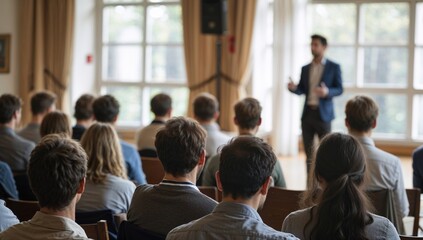 Obraz premium Speaker giving presentation in hall at university workshop in front of audience or conference hall. Rear view of participants with softly blurred presenter. Scientific conference event, training