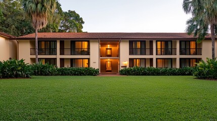 Mindfulness and meditation method, A serene residential building surrounded by lush greenery, featuring a warm entrance and multiple balconies.