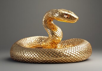 Fototapeta premium Shimmering Golden Snake Sculpture Displayed on a Simple Background, Captivating and Artistic Representation of Nature’s Wonder in Unique Abstract Form