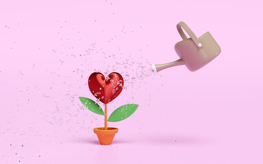 3d brown watering can with metal red heart shaped plant isolated on pink background. stout love, love flourishes, valentine day concept, 3d illustration render