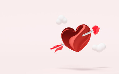 3d red heart with arrow, cloud isolated on pink background. Happy valentine's day concept, 3d illustration render