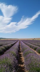 Fototapeta premium Tranquil lavender fields under a clear daytime sky, with rows of purple flowers stretching to the horizon. Captures the tranquility and beauty of nature
