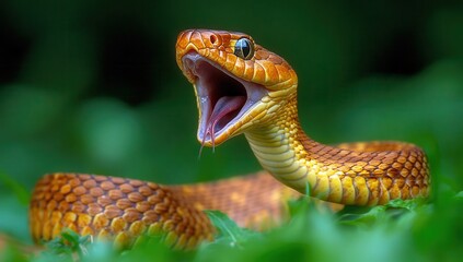 Fototapeta premium Striking Close-Up of a Majestic Snake in Nature, Capturing the Intricacies of Its Scales and the Intensity of Its Gaze Amidst Lush Greenery
