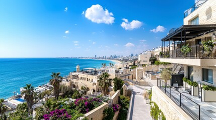 Scenic coastal views of old tel aviv a vibrant urban landscape and sunny beach for travel enthusiasts