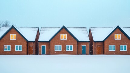 Mindfulness and meditation method, A row of wooden houses covered in snow, with warm lights glowing from the windows under a soft, wintry sky.