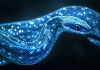 Fototapeta premium Stunning Close-Up of a Bioluminescent Snake with a Mesmerizing Glow, Captured in a Dreamlike Setting Featuring a Beautiful Blend of Colors and Intriguing Patterns