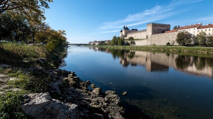 Fototapeta premium Majestic wawel castle reflections krakow landscape photography riverbank setting serene environment