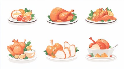 Roasted chicken variations whole, sliced, stuffed, with sides.