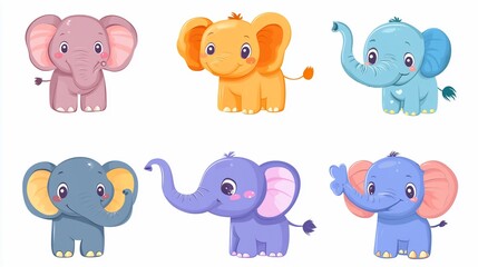 Fototapeta premium Six adorable cartoon baby elephants in various pastel colors.