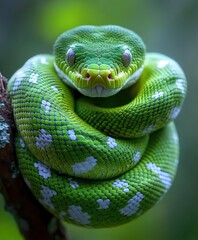 Fototapeta premium Stunning Close-Up of a Vibrant Green Tree Python Coiled on a Branch Surrounded by Lush Green Foliage, Showcasing Its Intricate Patterns and Expressive Face