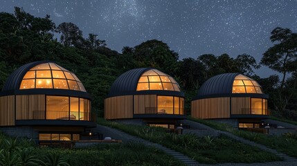 Obraz premium A celestial observatory perched atop a glowing mountain, its domes shimmering with vibrant light. Radiant pathways spiral through bioluminescent gardens, leading to observation platforms with 