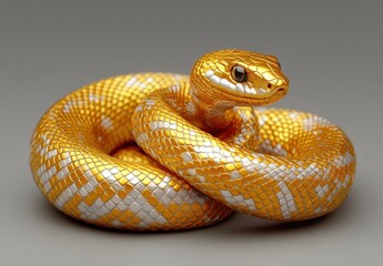 Obraz premium Stunning close-up view of a golden and white snake elegantly coiled, showcasing intricate scales and captivating eyes on a smooth gray background.