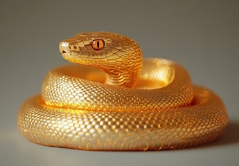 Fototapeta premium Stunning Golden Snake Coiling Elegantly with Bright Shiny Scales and Striking Eyes Capturing the Essence of Exotic Reptiles and Nature's Beauty