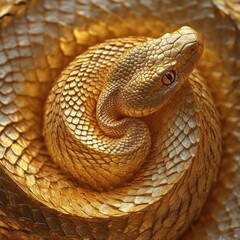 Fototapeta premium Stunning Golden Snake Coiled Elegantly on a Textured Surface, Capturing Light and Shadow in a Unique and Artistic Display of Nature's Beauty and Color Palette