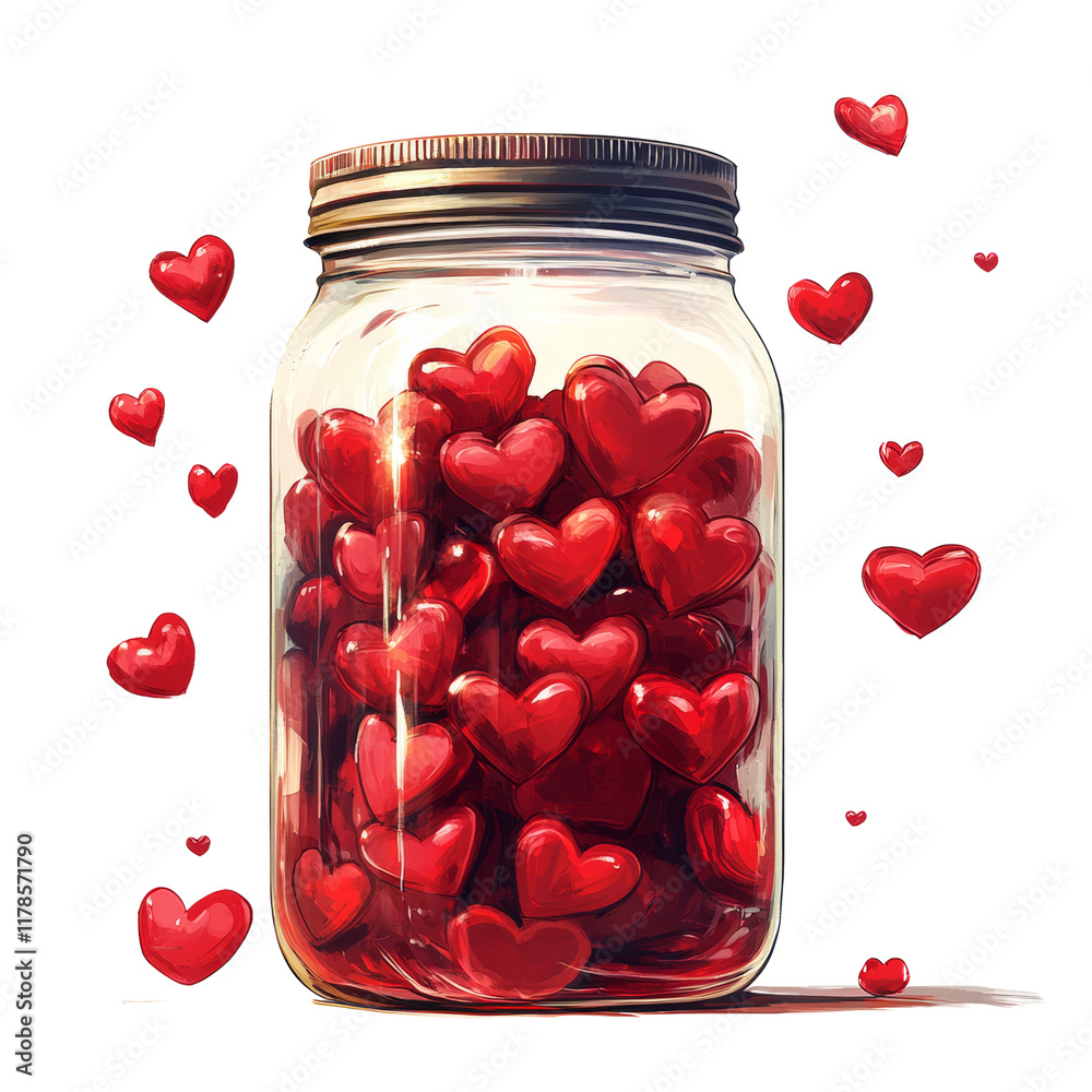 Poster a mason jar is filled with numerous glossy red hearts, with a few hearts floating around it.